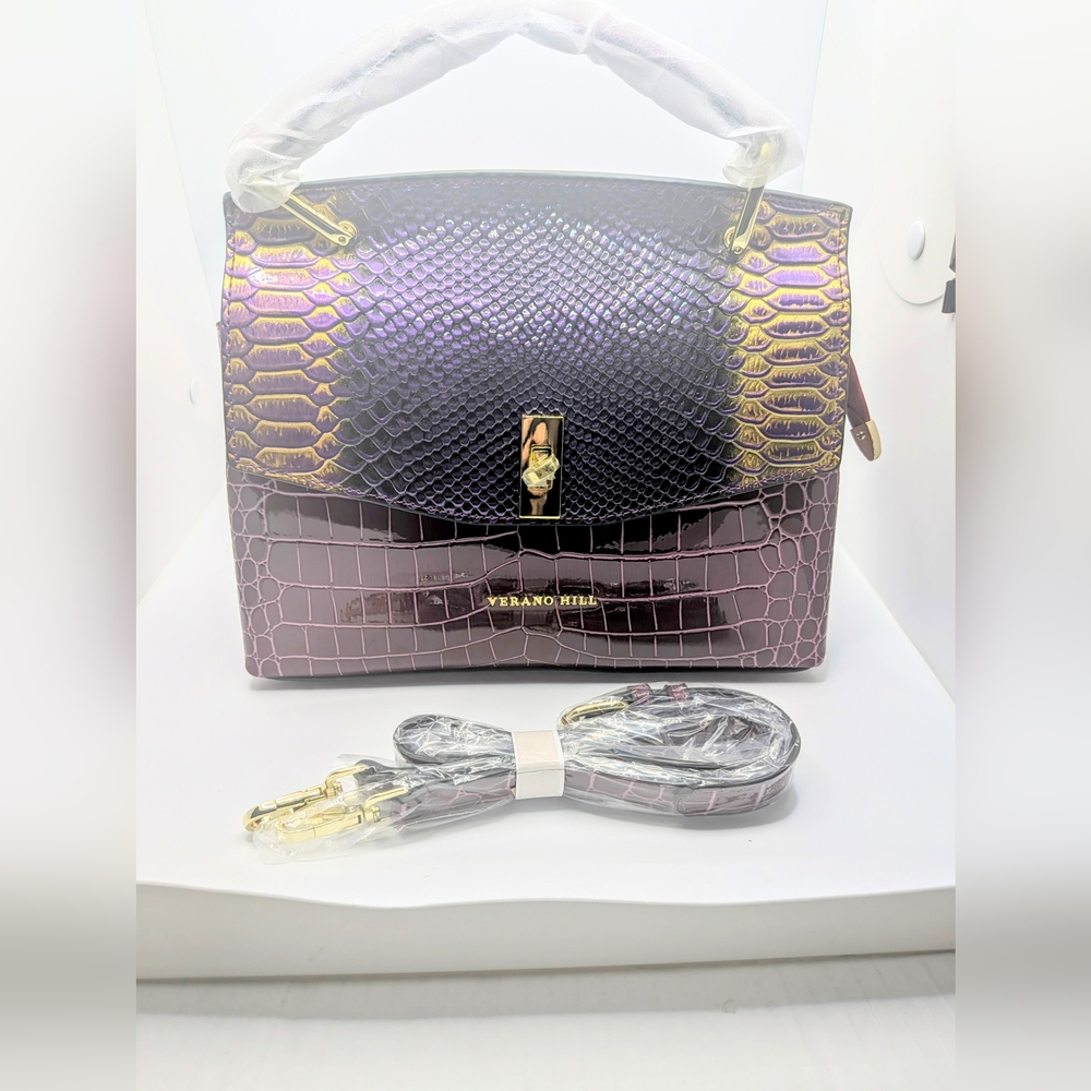 NWT ⭐VIBRANT⭐ Verano Hill Purple Croc-Embossed Satchel with Iridescent Flap - Picture 2 of 6